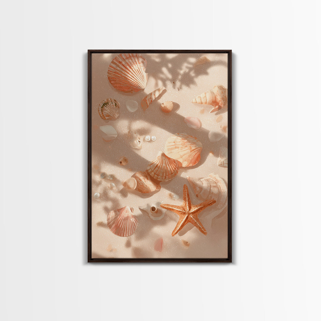 Sunlit Seashells And Starfish Framed Canvas Print, Coastal Wall Art For Beach House Decor, Nautical Bathroom Wall Decor Gift