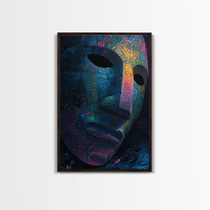Neon Ancient Mask Portrait Wall Art, Dark Surreal Art Print, Psychedelic Gothic Decor, Futuristic Statement Artwork Gift
