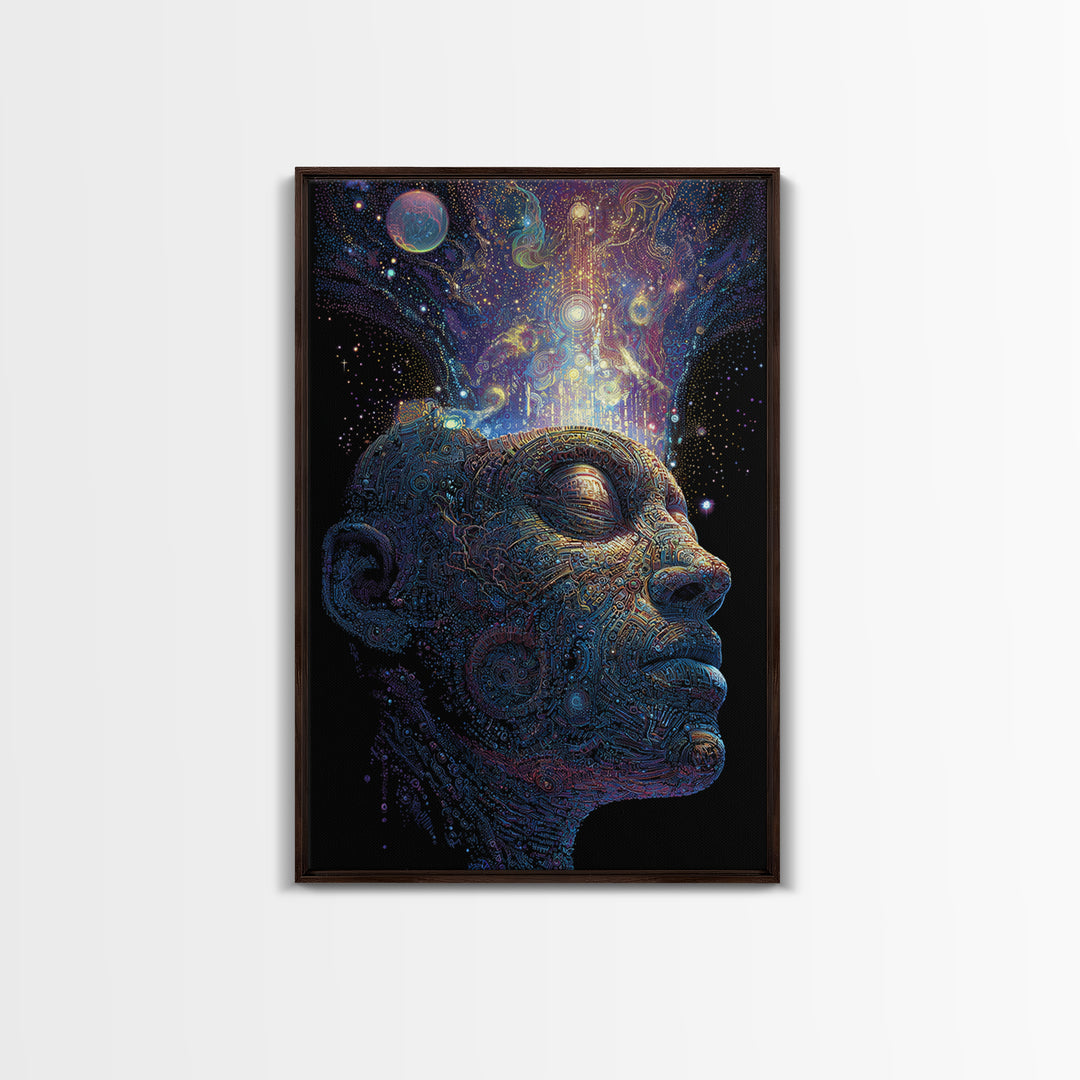 Cosmic Mind Portrait Framed Canvas Print, Psychedelic Space Wall Art, Visionary Consciousness Decor, Spiritual Gift For Him