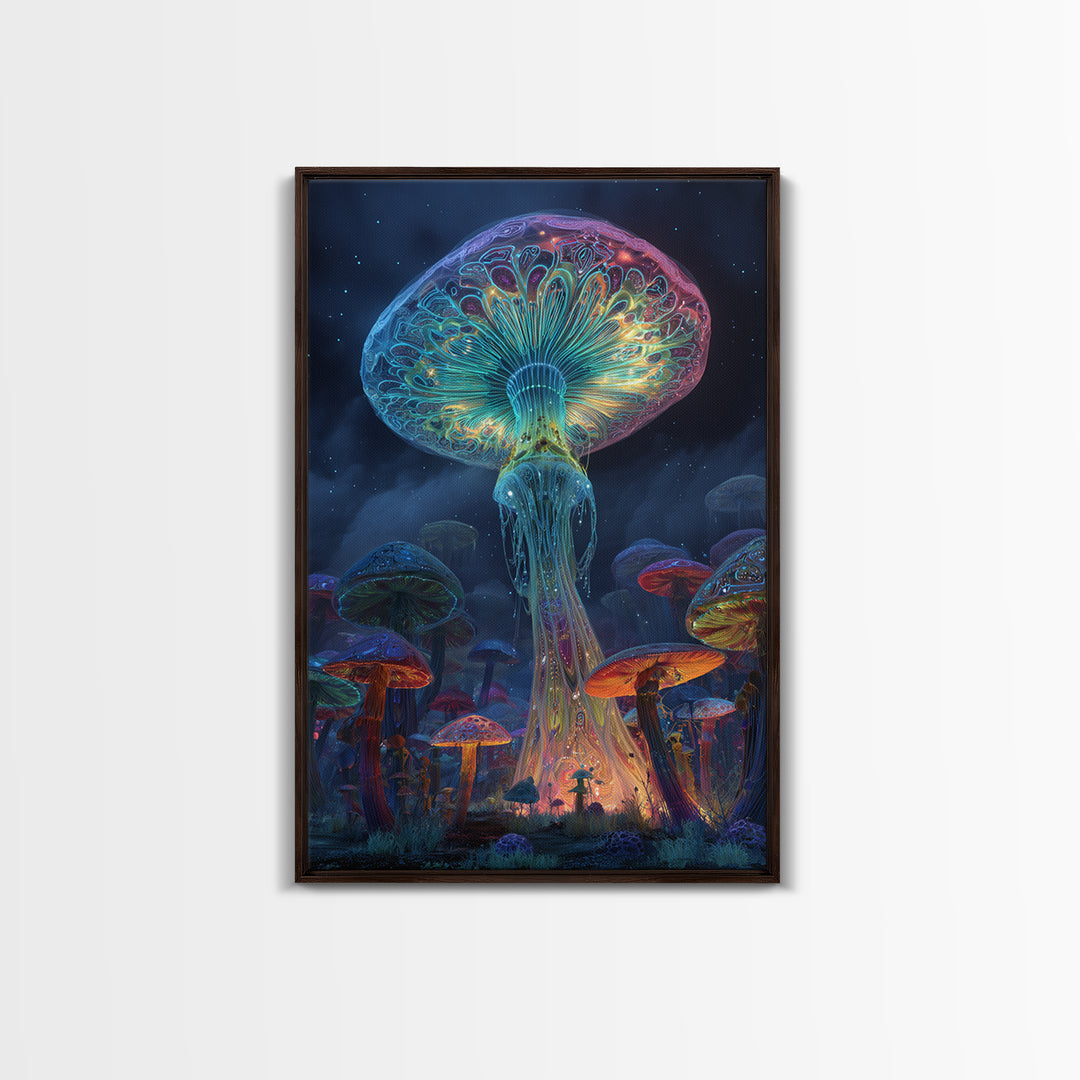 Vibrant Neon Mushroom Fantasy Landscape Canvas Print With Glowing Magical Fungi In A Mystical Night Forest Wall Art