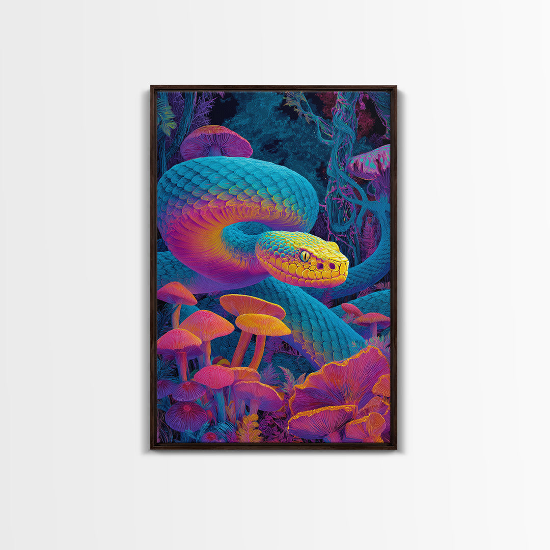Vibrant Psychedelic Snake and Mushroom Art Wall Art Canvas Print Colorful Modern Wall Decor