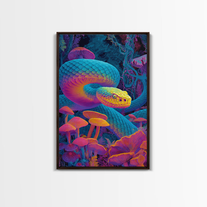 Vibrant Psychedelic Snake and Mushroom Art Wall Art Canvas Print Colorful Modern Wall Decor