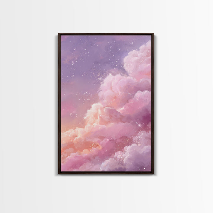 Sparkling Pink Clouds Under Starry Sky Canvas Print, Celestial Wall Art For Dreamy Bedroom Decor And Whimsical Nursery Decor
