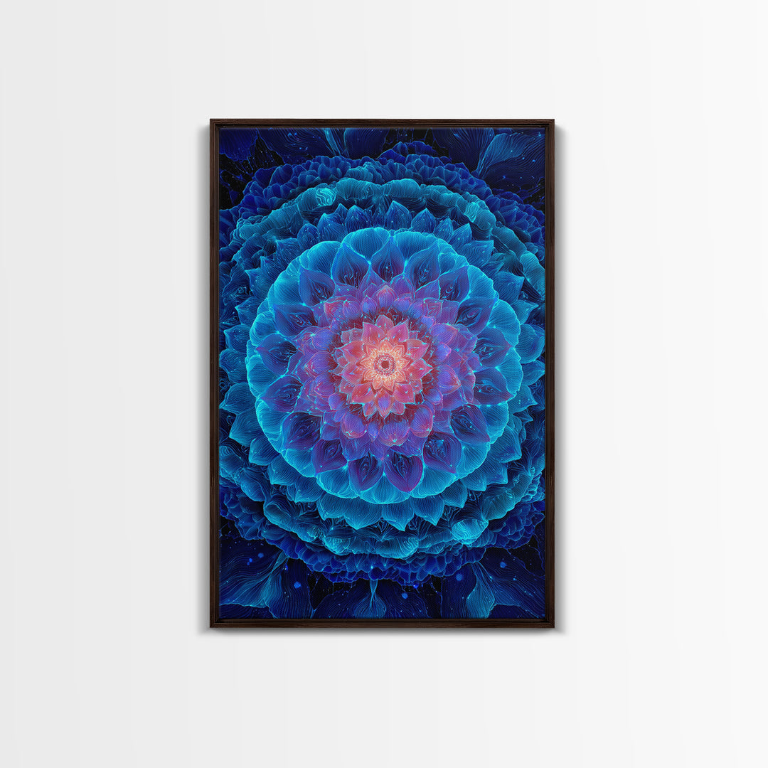 Glowing Blue Lotus Mandala Framed Canvas Print, Spiritual Wall Art, Meditation Decor, Celestial Abstract Art For Yoga Room