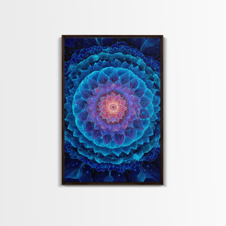Glowing Blue Lotus Mandala Framed Canvas Print, Spiritual Wall Art, Meditation Decor, Celestial Abstract Art For Yoga Room
