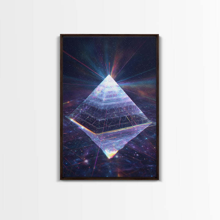 Glowing Crystal Pyramid Framed Canvas Print, Celestial Space Wall Art, Sacred Geometry Decor For Modern Home And Office Decor