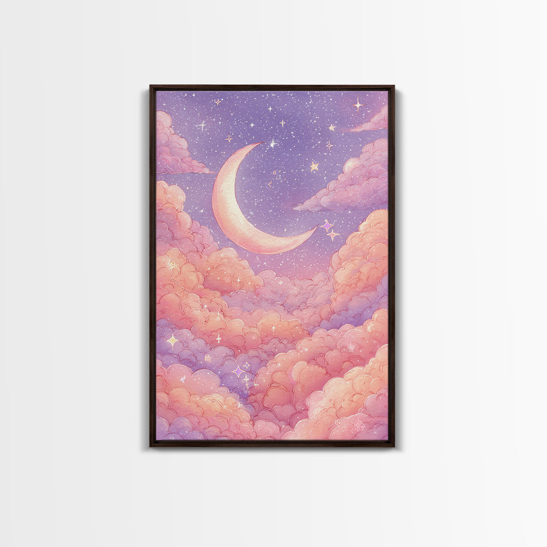 Pastel Crescent Moon In Pink Clouds Wall Art, Celestial Nursery Art, Dreamy Moon And Stars Decor For Bedroom Wall Decor Gift