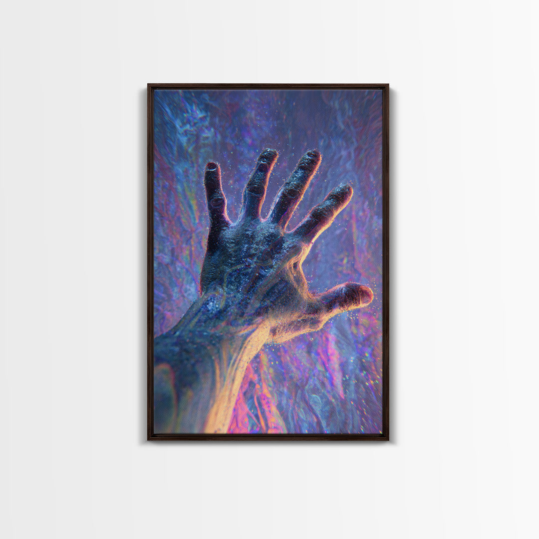 Glowing Reaching Hand Canvas Print, Surreal Human Figure Wall Art, Spiritual Energy Decor, Abstract Psychedelic Gift Idea