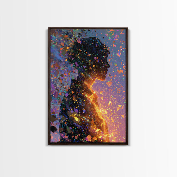 Glowing Woman Silhouette With Confetti Wall Art, Abstract Figurative Art Print, Feminine Wall Art, Colorful Modern Decor