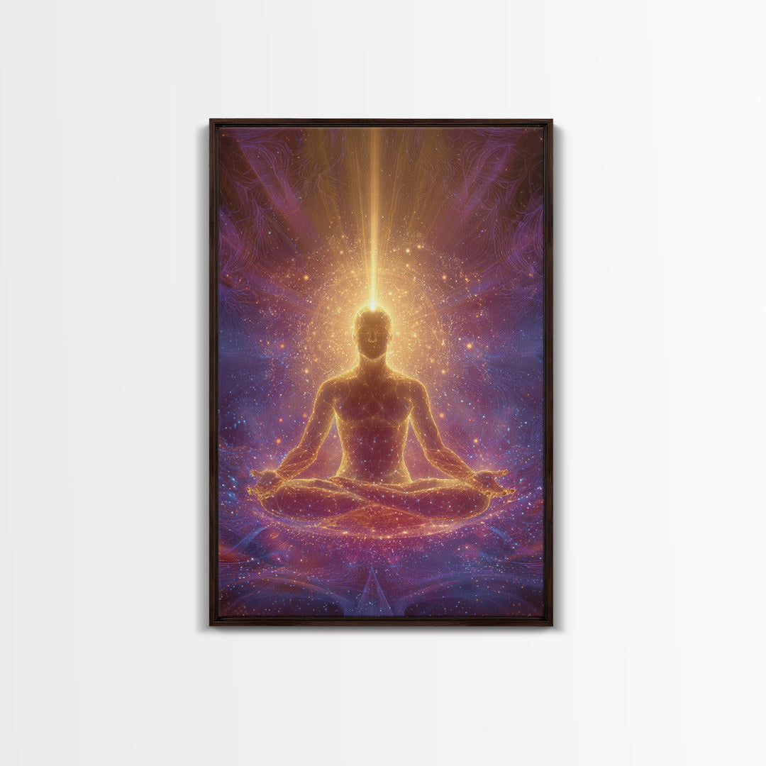 Spiritual Meditation Man Illuminated In Cosmic Energy Glow Wall Art Canvas Print For Mindfulness Home And Yoga