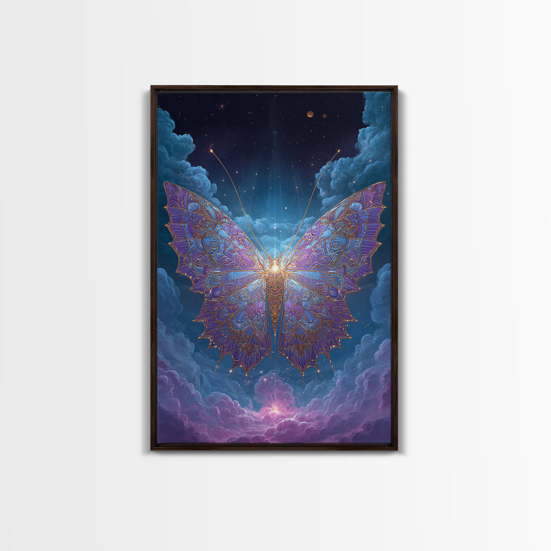 Radiant Celestial Butterfly Framed Canvas Print, Fantasy Insect Wall Art, Mystical Cloud Decor, Ethereal Nursery Gift Idea