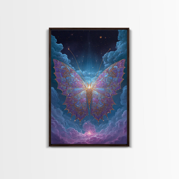 Radiant Celestial Butterfly Framed Canvas Print, Fantasy Insect Wall Art, Mystical Cloud Decor, Ethereal Nursery Gift Idea