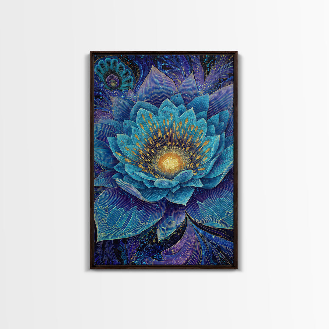 Radiant Blue Lotus Flower Wall Art, Spiritual Botanical Print, Meditation Room Decor, Boho Yoga Studio Canvas Gift For Her