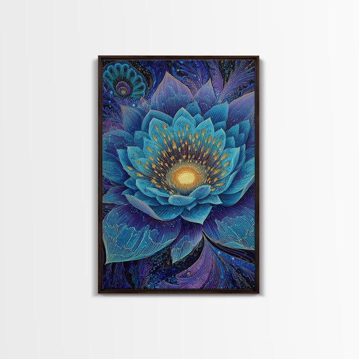 Radiant Blue Lotus Flower Wall Art, Spiritual Botanical Print, Meditation Room Decor, Boho Yoga Studio Canvas Gift For Her