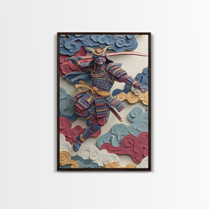 Blue Red Samurai Warrior With Katana Framed Canvas Print, Japanese Wall Art For Martial Arts Decor And Masculine Office Decor