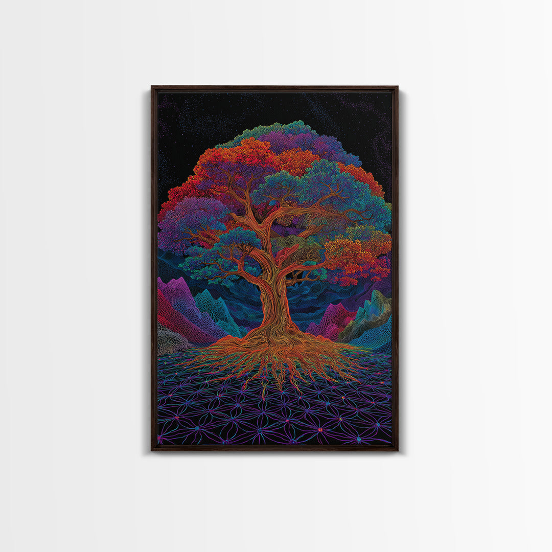 Vibrant Psychedelic Rainbow Tree With Abstract Roots Wall Art Canvas Print For Living Room And Boho Home Decor