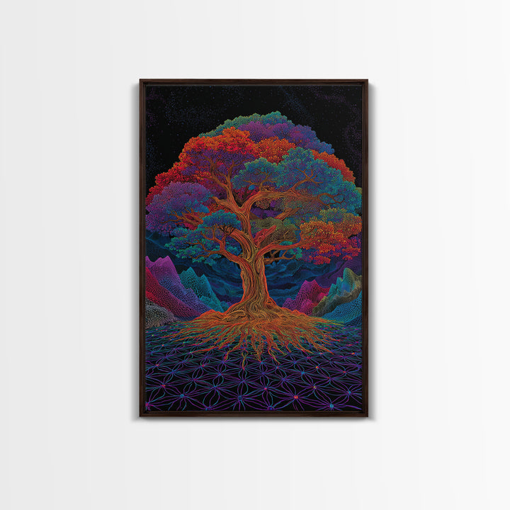 Vibrant Psychedelic Rainbow Tree With Abstract Roots Wall Art Canvas Print For Living Room And Boho Home Decor