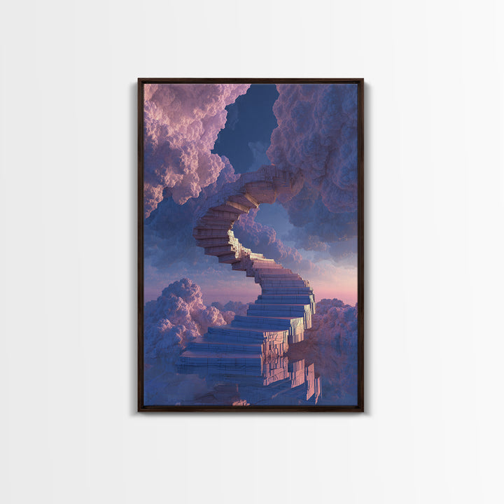 Stairway Through Pink Clouds Framed Canvas Print, Surreal Sky Wall Art, Dreamy Fantasy Decor, Ethereal Home Decor Gift Idea