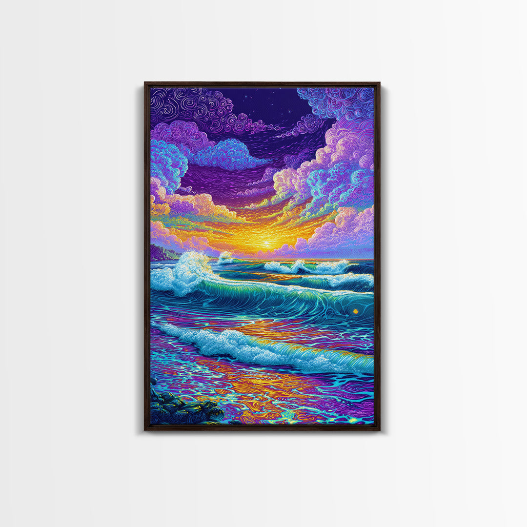 Colorful Ocean Waves Sunset Abstract Seascape Wall Art Canvas Print Bright Relaxing Living Room Decor Modern Coastal Art