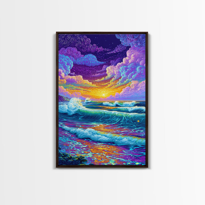 Colorful Ocean Waves Sunset Abstract Seascape Wall Art Canvas Print Bright Relaxing Living Room Decor Modern Coastal Art