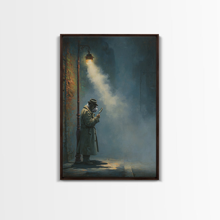 Moody Plague Doctor Under Street Lamp Wall Art, Dark Academia Art Print For Gothic Office Decor And Victorian Wall Decor