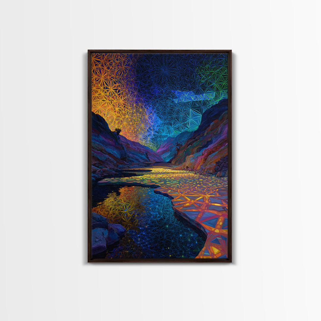 Sacred Geometry Canyon River Wall Art, Flower Of Life Landscape Print, Psychedelic Nature Decor, Meditation Room Wall Art