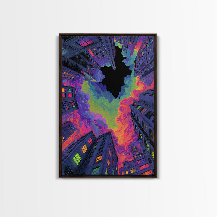 Neon City Skyscrapers Under Rainbow Clouds Wall Art, Urban Pop Art Print, Cyberpunk Decor, Modern Maximalist Living Room Wall Art