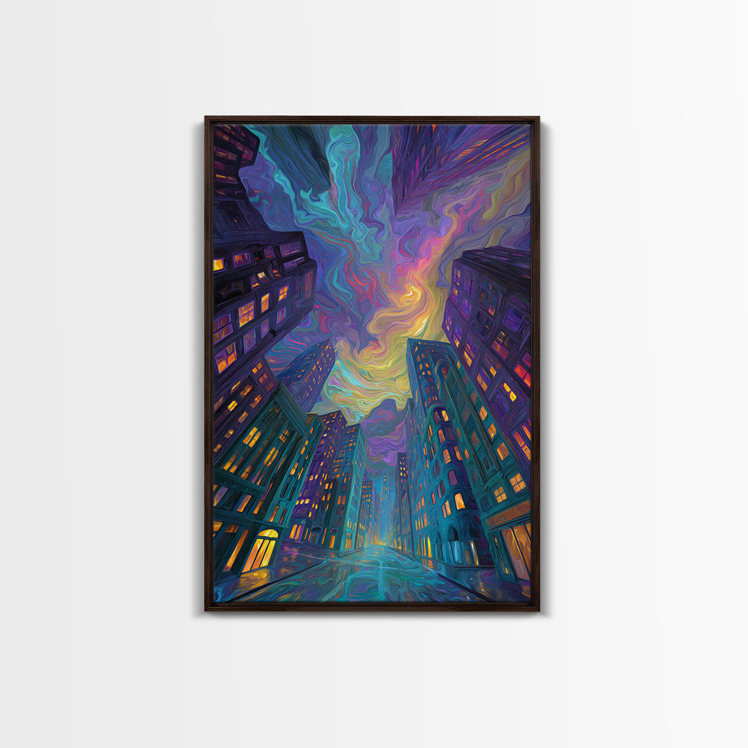 Swirling Neon City Skyline Framed Canvas Print, Psychedelic Urban Wall Art, Modern Apartment Decor, Colorful Living Room Gift