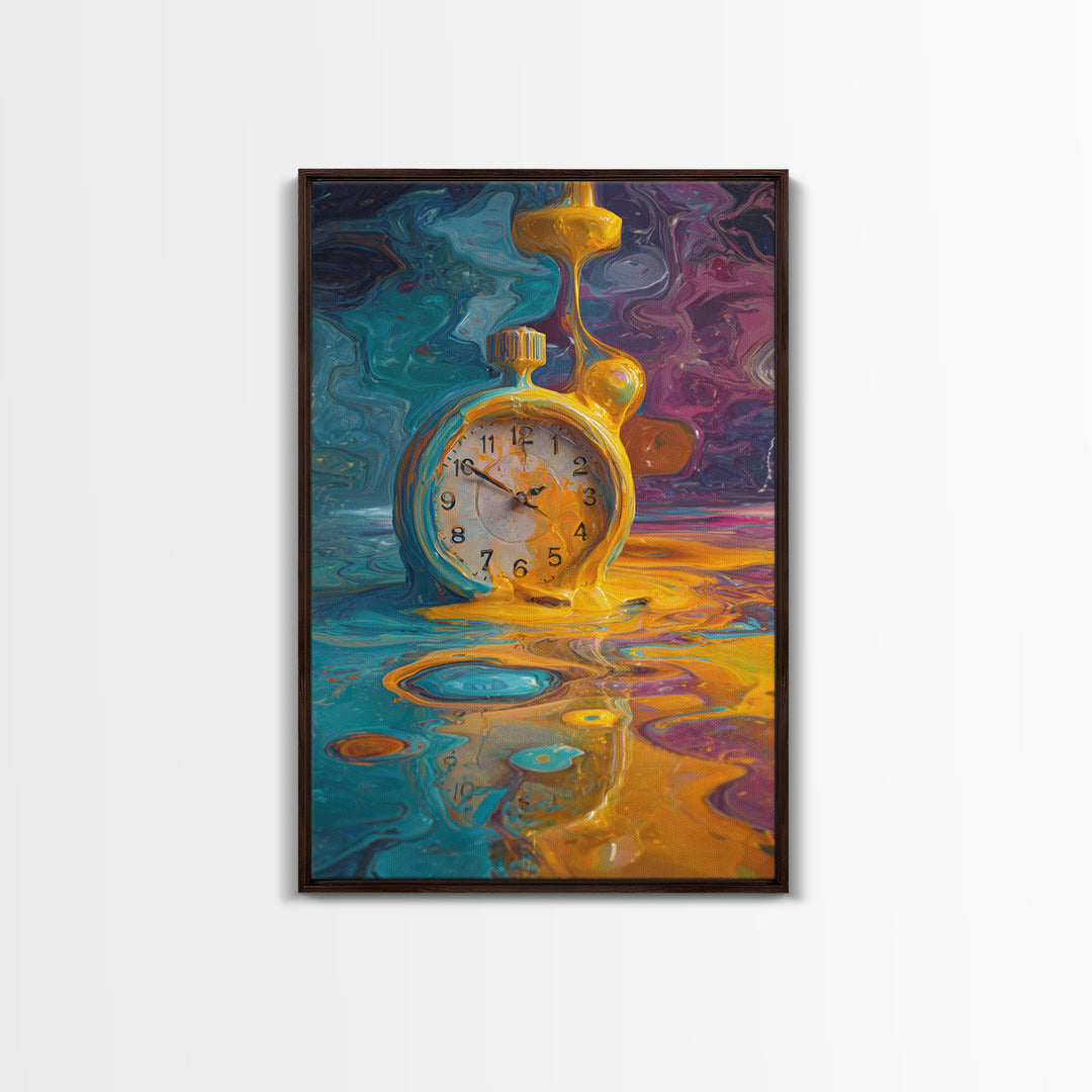 Melting Golden Alarm Clock Canvas Print, Surreal Wall Art, Colorful Abstract Painting, Whimsical Office Decor, Unique Gift
