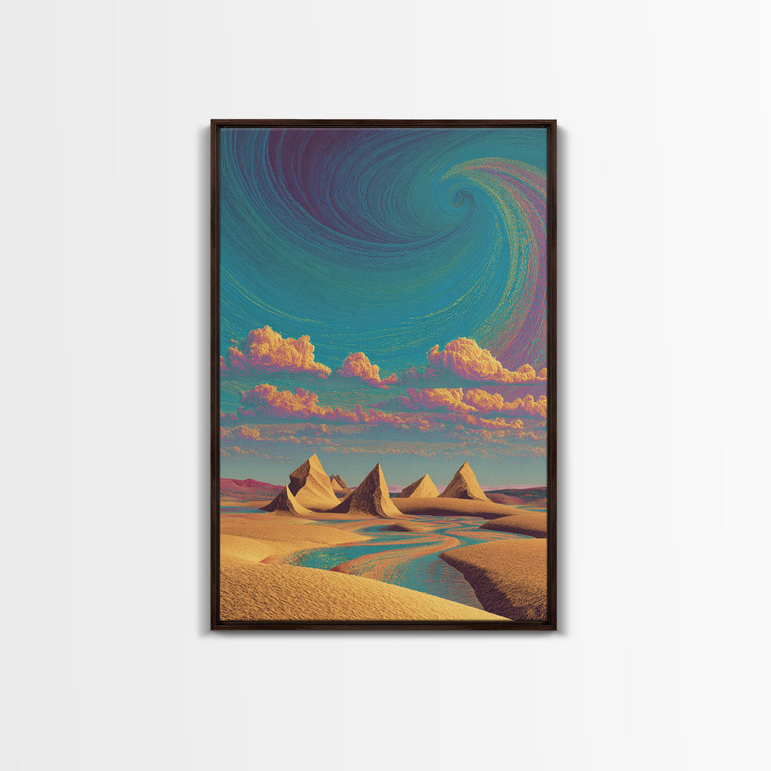 Surreal Desert Landscape With Pyramids And Swirling Sky Wall Art Modern Contemporary Canvas Print For Home Decor