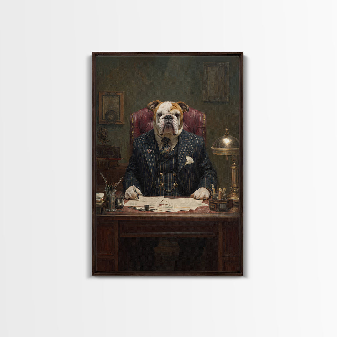 Bulldog Lawyer At Antique Desk Framed Canvas Print, Funny Dog Wall Art For Law Office Decor, Gentleman Pet Portrait Gift
