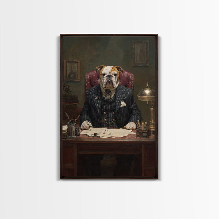 Bulldog Lawyer At Antique Desk Framed Canvas Print, Funny Dog Wall Art For Law Office Decor, Gentleman Pet Portrait Gift