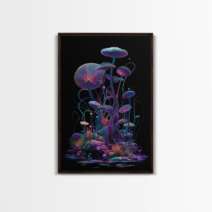 Bioluminescent Mushroom Garden On Black, Psychedelic Wall Art, Trippy Canvas Print, Gothic Decor, Unique Maximalist Gift