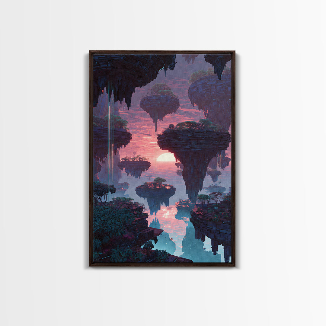 Futuristic Floating Islands With Lush Trees And Sunset Digital Fantasy Artwork Canvas Print Wall Art