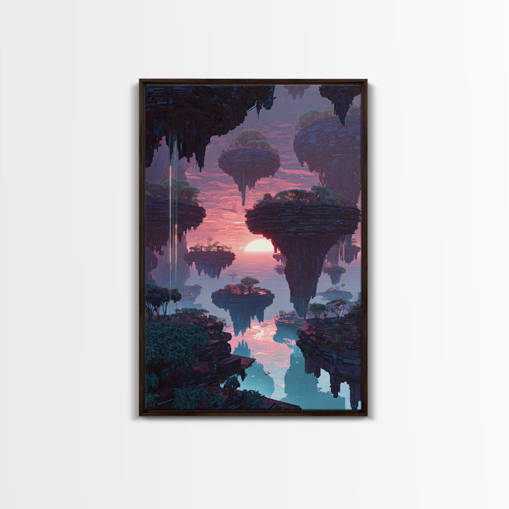 Futuristic Floating Islands With Lush Trees And Sunset Digital Fantasy Artwork Canvas Print Wall Art