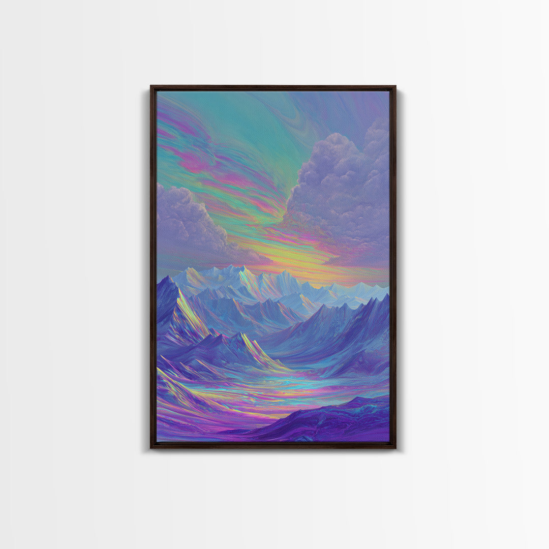 Iridescent Pastel Mountain Landscape Wall Art, Dreamy Alpine Canvas Print, Serene Calming Nature Decor, Above Bed Gift For Her