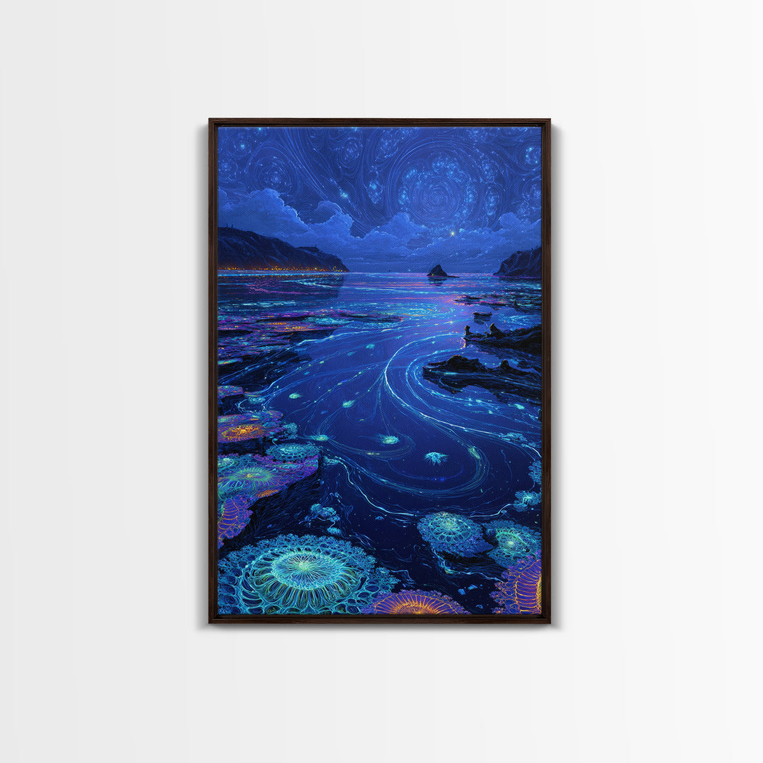 Bioluminescent Ocean Tide Pools Canvas Print, Blue Seascape Wall Art, Coastal Decor, Mystical Nature Art For Living Room