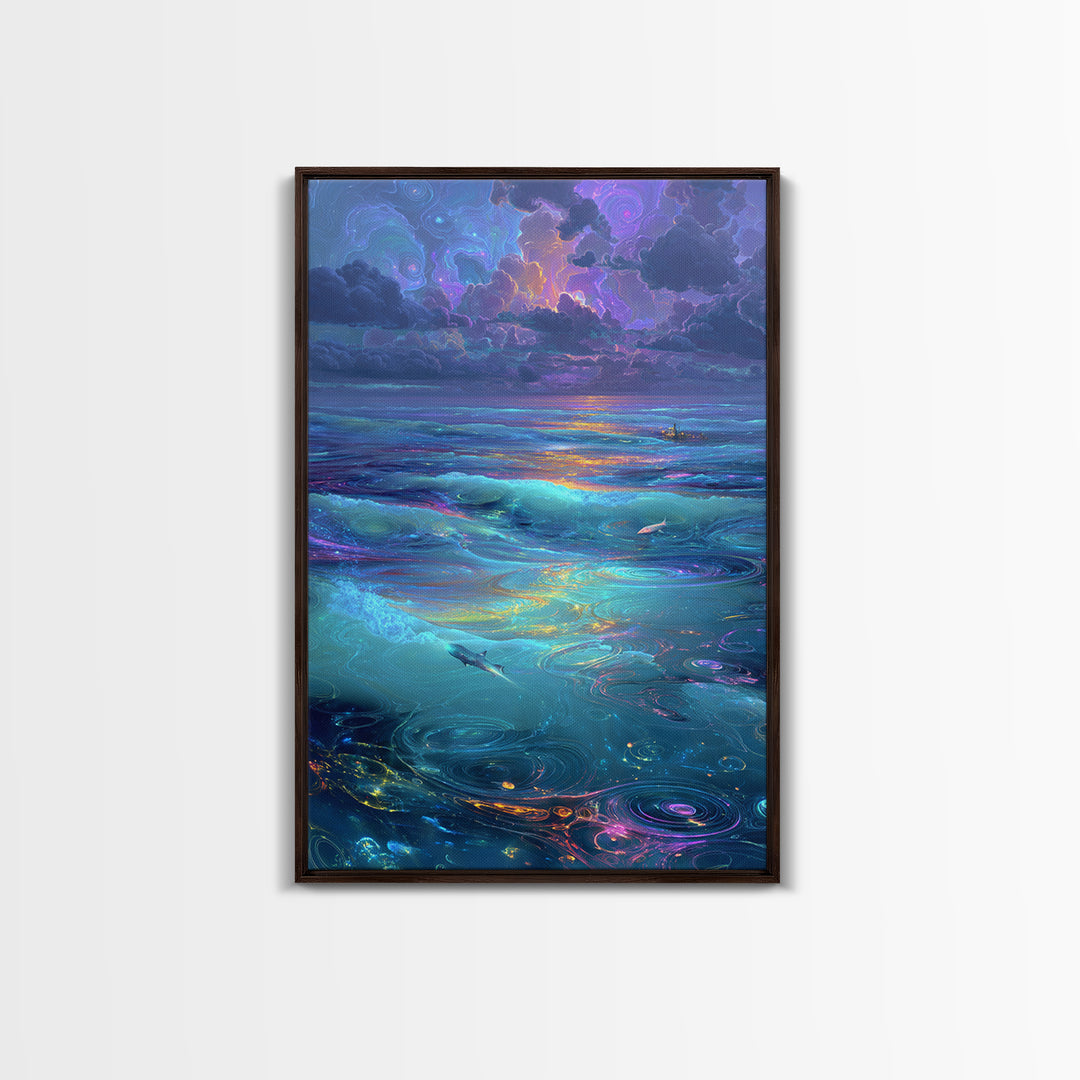 Fantasy Oceanic Scene With Sharks And Mystical Water Ripples Vibrant Colorful Wall Art Canvas Print