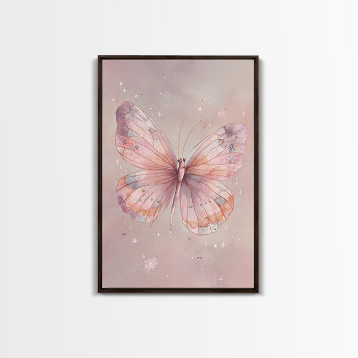 Pastel Pink Butterfly Watercolor Wall Art, Whimsical Butterfly Art Print, Nursery Decor, Feminine Bedroom Canvas Print Gift