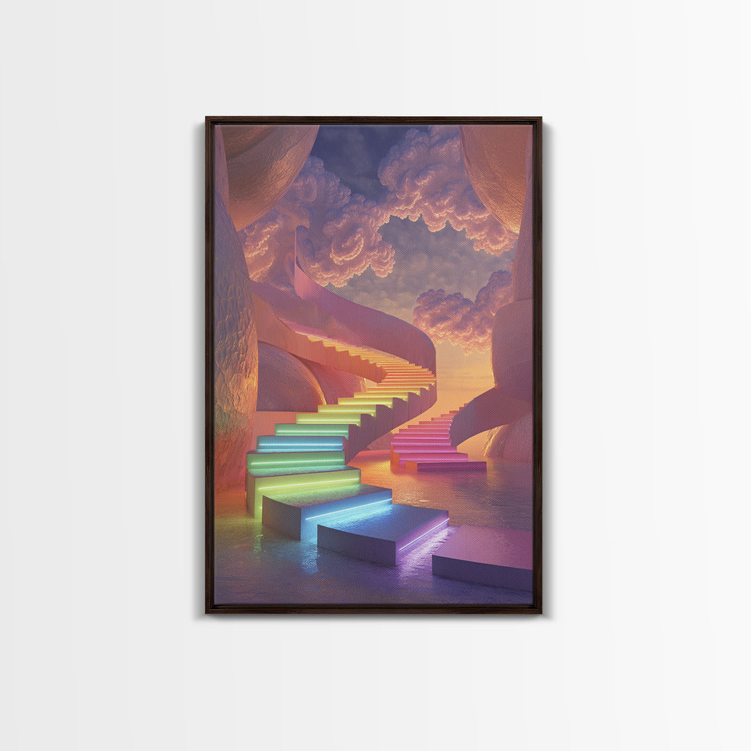 Dreamy Rainbow Stairway To Clouds Canvas Print, Surreal Pastel Fantasy Art, Celestial Wall Decor For Bedroom Home Decor Gift