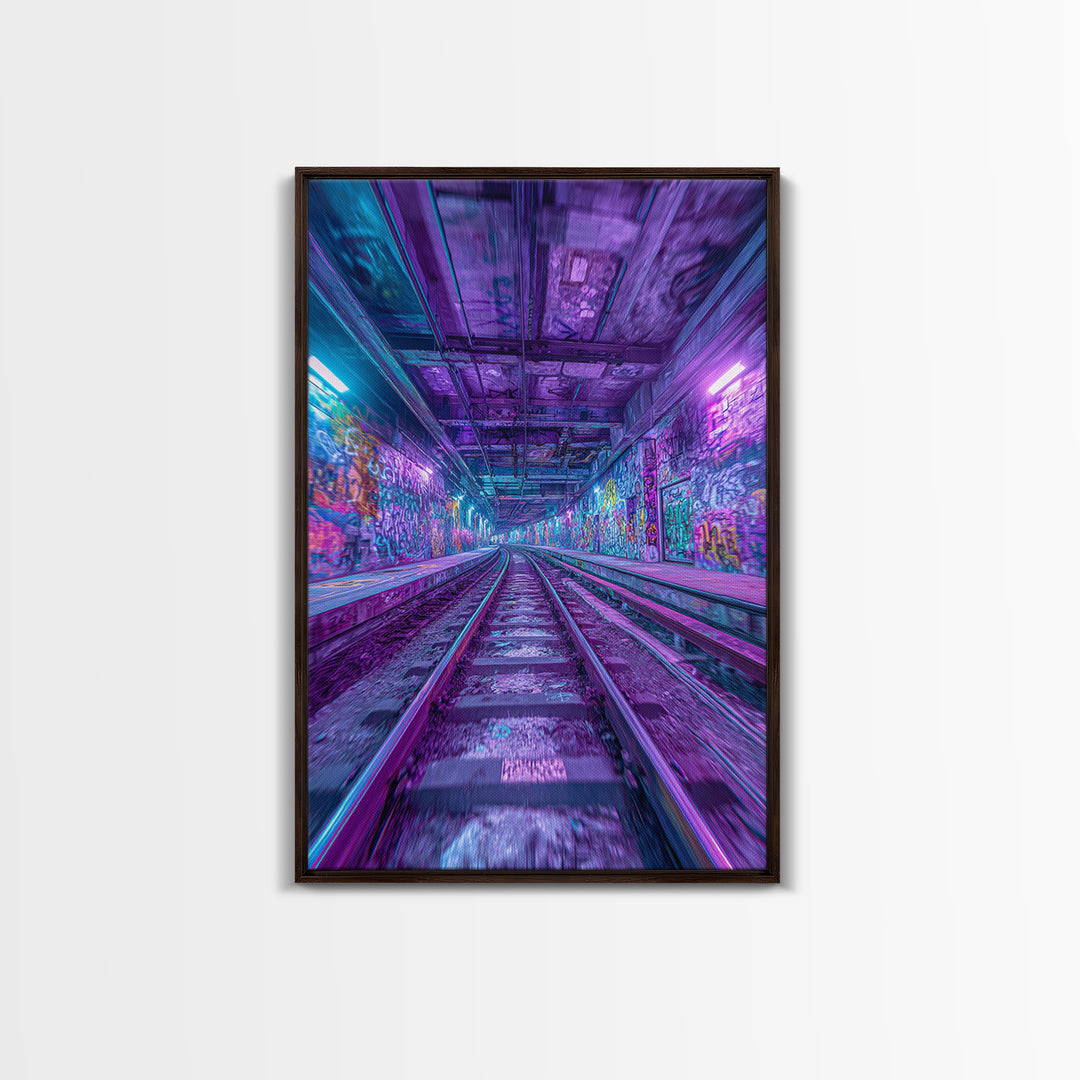 Neon Graffiti Subway Tunnel Wall Art, Cyberpunk City Canvas Print, Urban Street Decor, Apartment Gaming Room Gift For Him