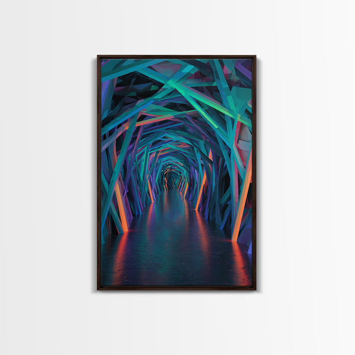 Neon Geometric Tunnel Wall Art, Futuristic Abstract Hallway Canvas, Cyberpunk Decor, Modern Office Statement Art Print Decor