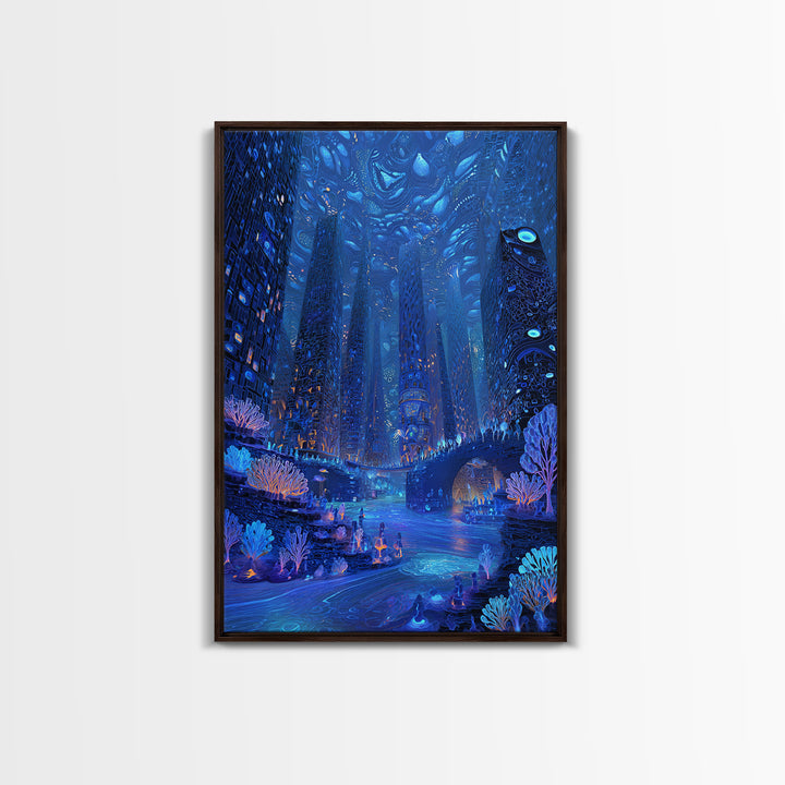 Bioluminescent Futuristic City Wall Art, Blue Sci Fi Metropolis Print, Cyberpunk Fantasy Decor, Large Canvas Poster Gift For Him