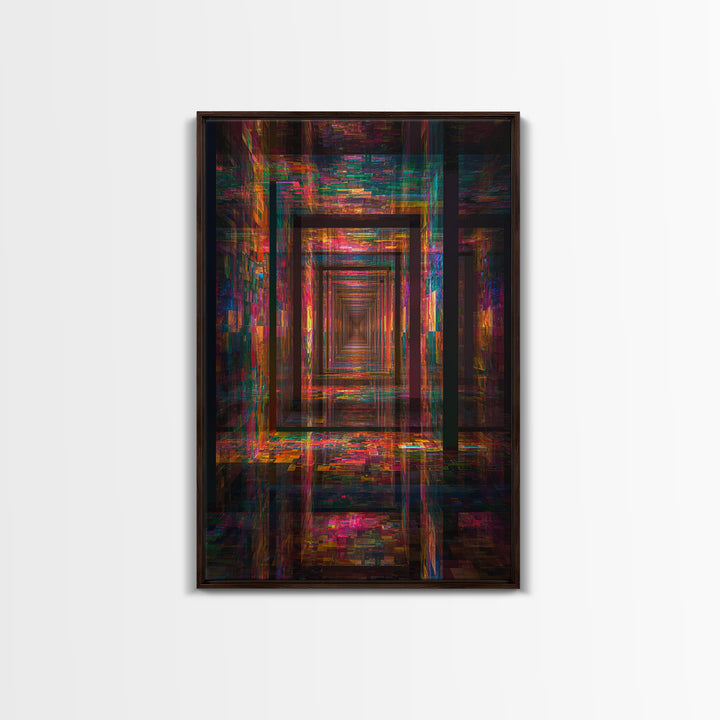 Neon Glitch Infinite Corridor, Cyberpunk Abstract Wall Art, Futuristic Canvas Print, Gaming Room Decor, Modern Office Art