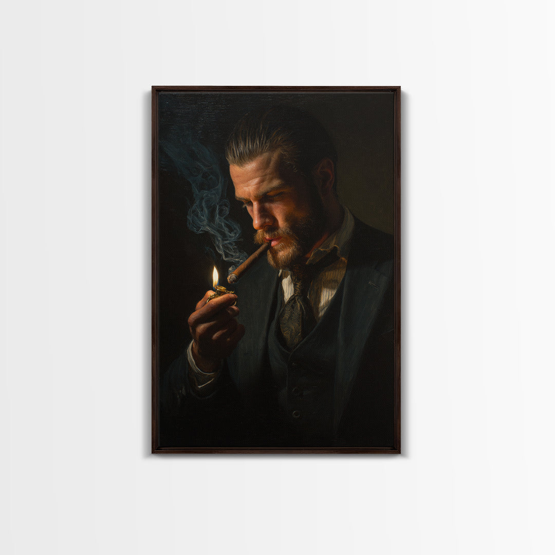 Moody Gentleman Lighting Cigar Framed Canvas Print, Dark Academia Portrait Oil Painting For Masculine Office And Man Cave Decor