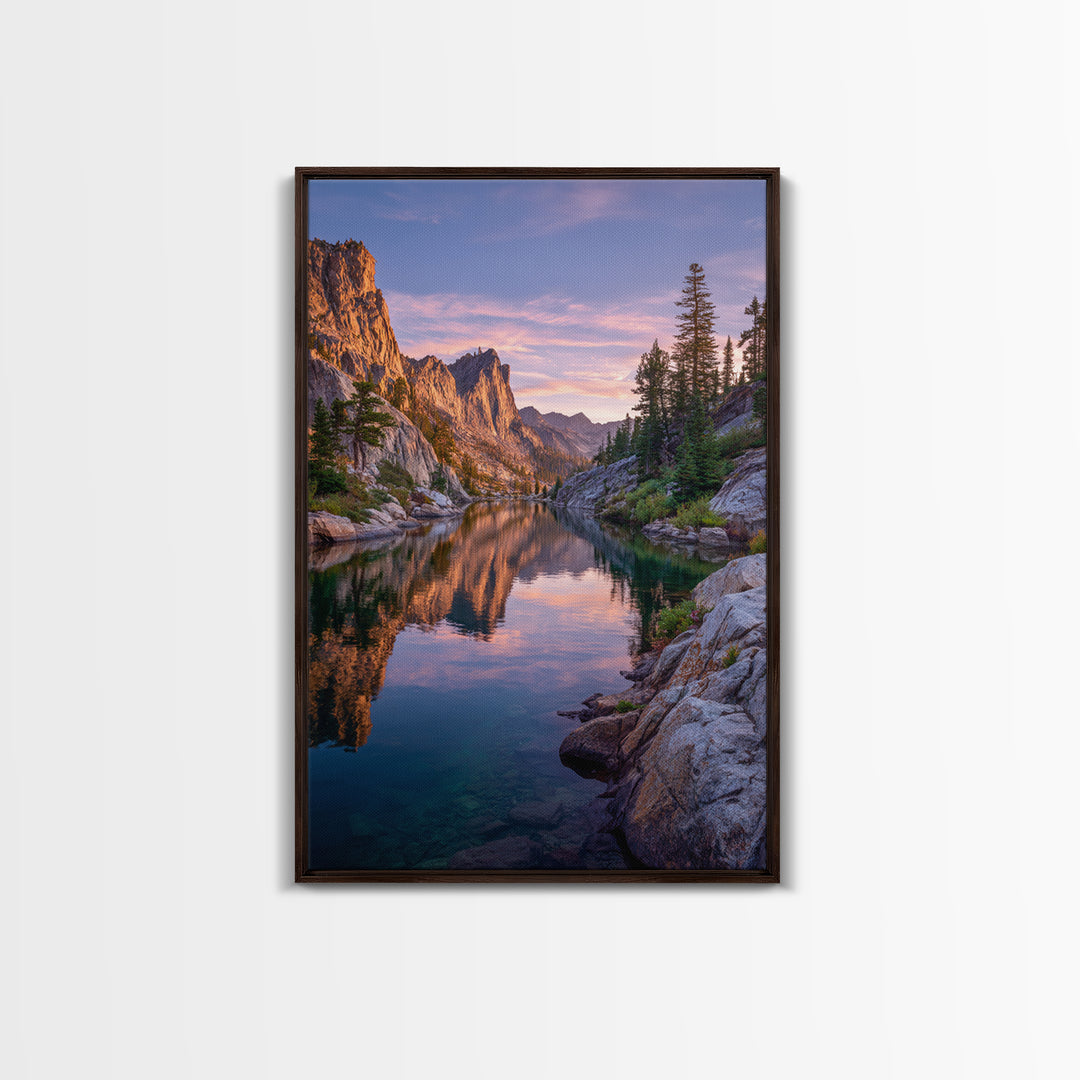 Stunning Mountain Lake Reflection At Sunset With Rocky Peaks And Pine Trees Wall Art Framed Canvas Print For Living Room