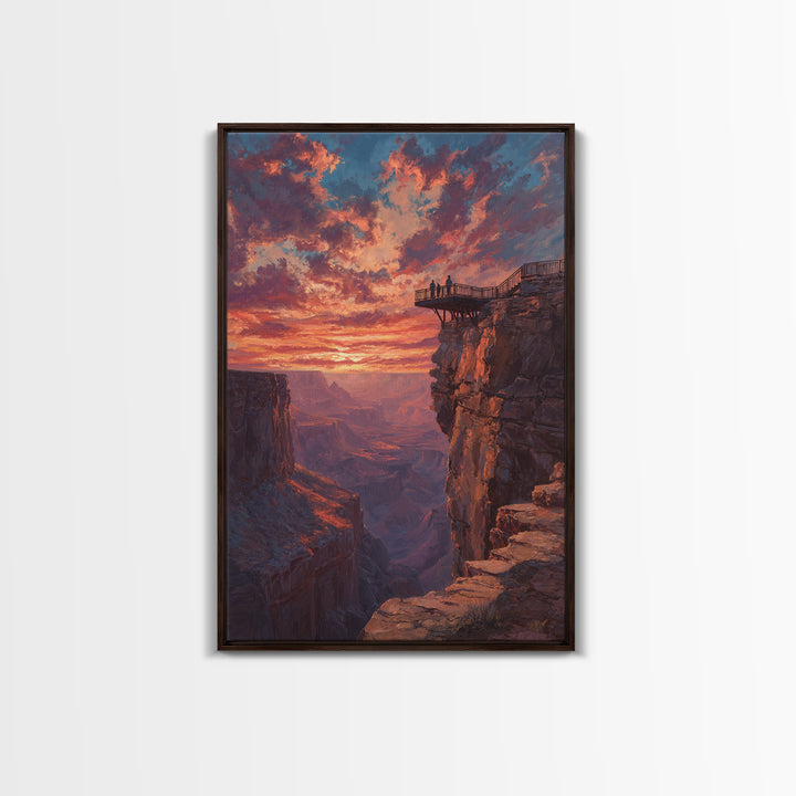 Grand Canyon Sunset With Dramatic Sky And Viewers On Overlook Wall Art Framed Canvas Print For Living Room Home Decor