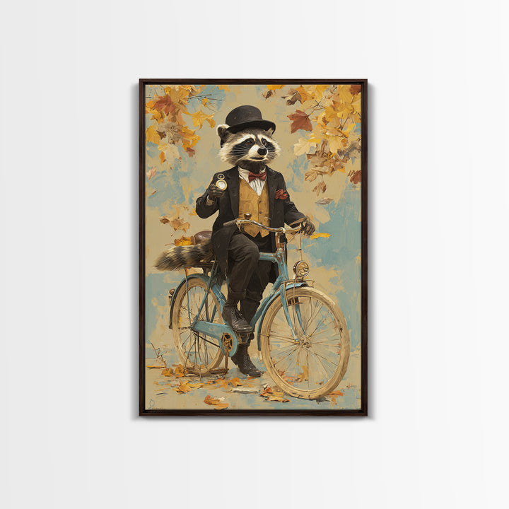 Whimsical Raccoon Riding Bicycle Canvas Print, Dapper Animal Wall Art For Nursery Room Decor And Quirky Animal Lover Gift