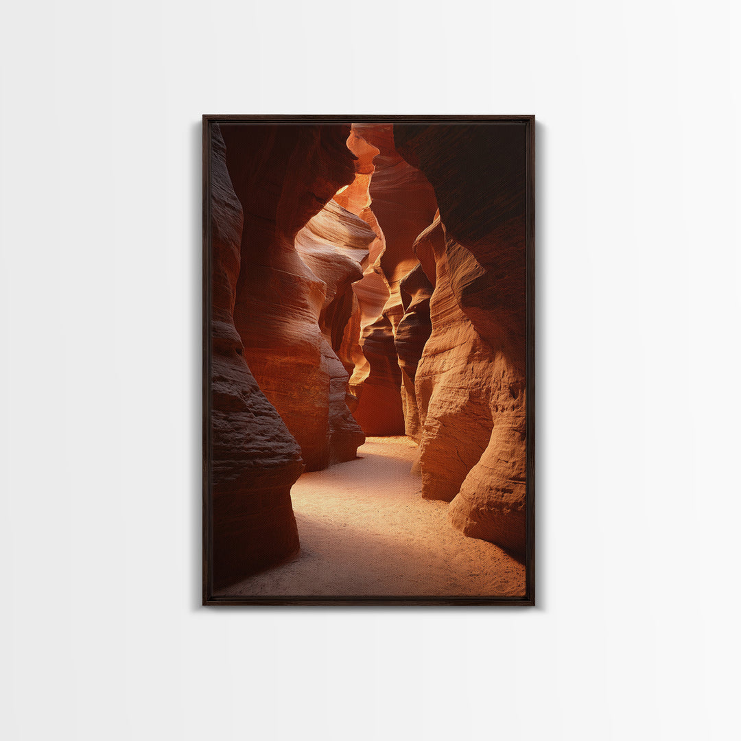 Sunlit Red Rock Canyon Pathway Between Towering Cliffs Framed Canvas Print For Rustic Home And Office Decor