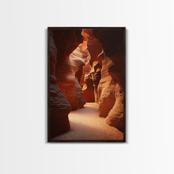Sunlit Red Rock Canyon Pathway Between Towering Cliffs Framed Canvas Print For Rustic Home And Office Decor